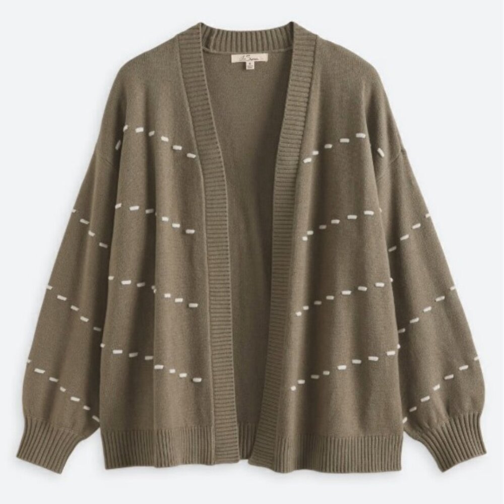 Open-Front Olive Knit Cardigan with Contrast Stitching